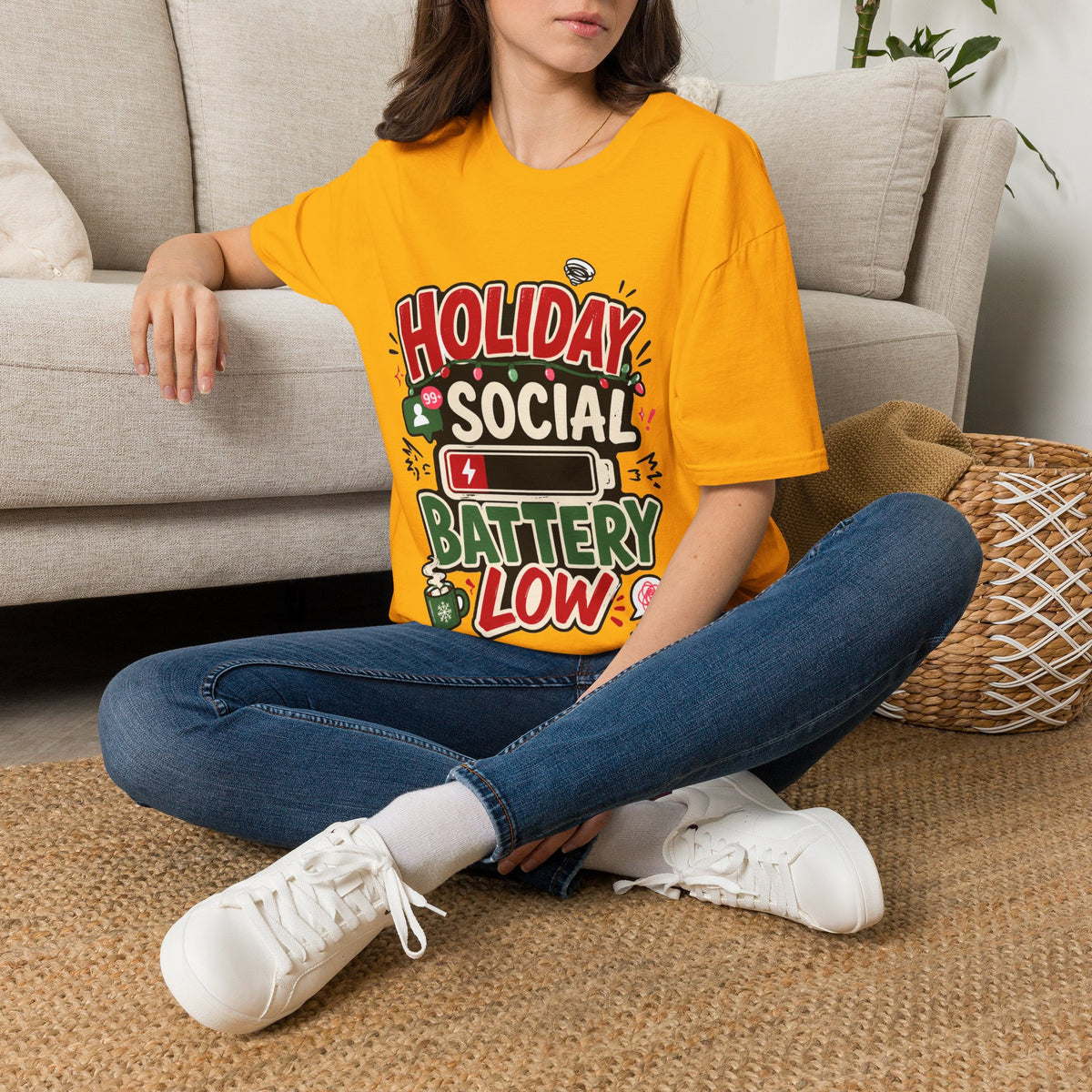 Holiday Social "Battery Low" T‑Shirt — Funny Festive Party Tee for Introverts & Holiday Gatherings