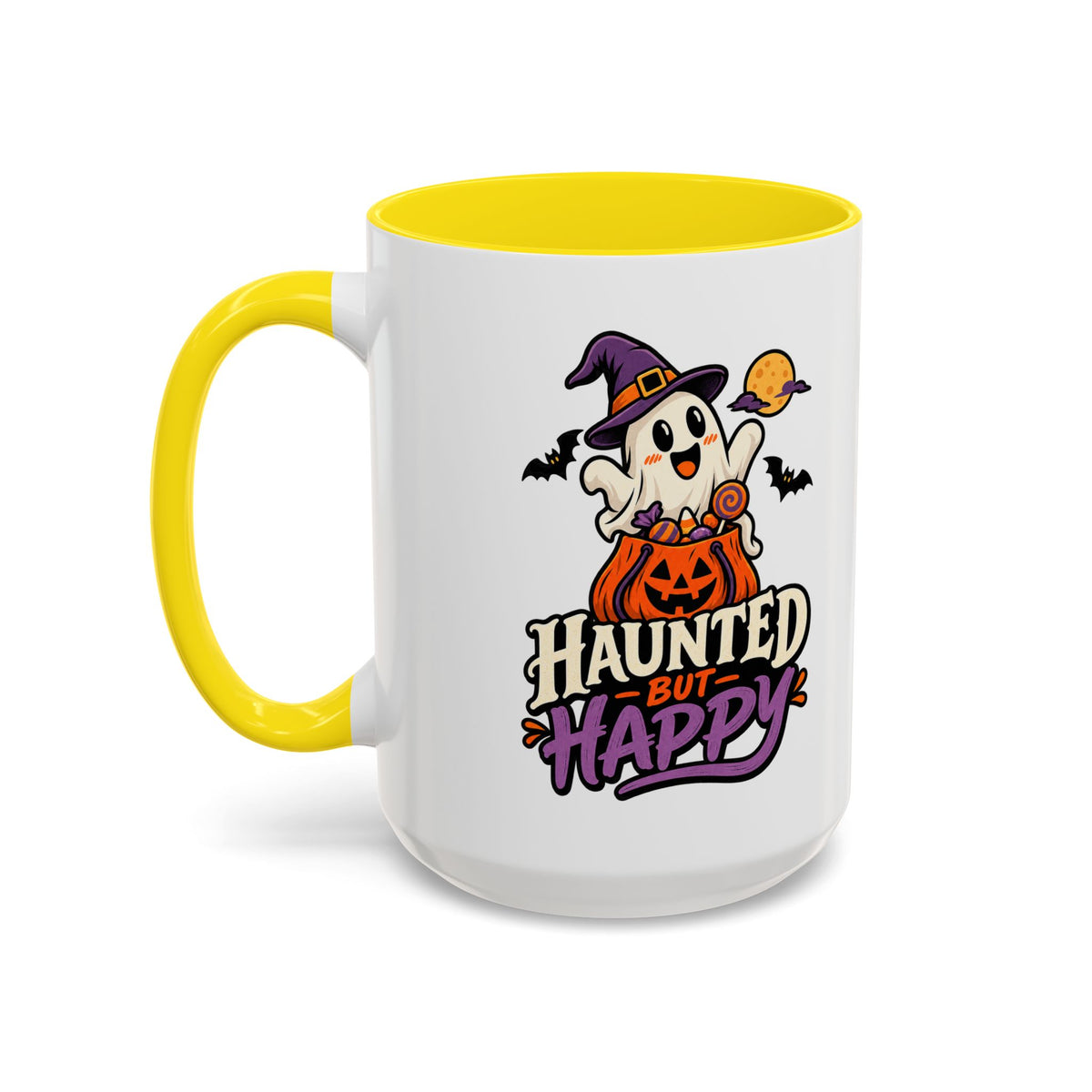 Haunted But Happy Coffee Mug — Halloween Ghost Pumpkin Accent Mug (11/15oz)