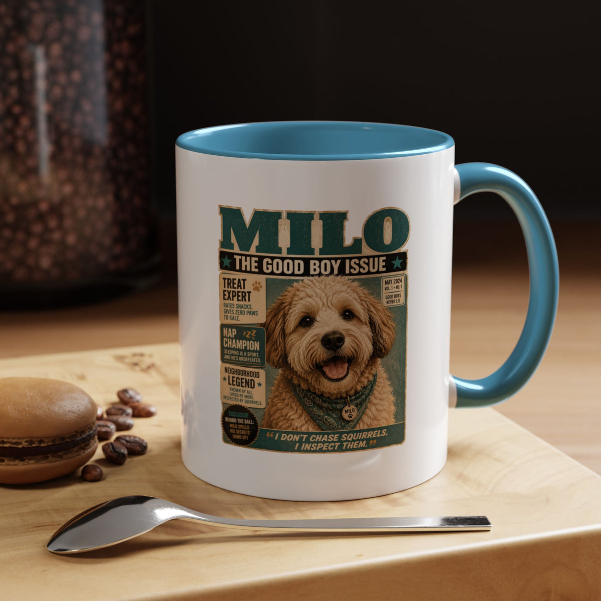 Milo Bailey Dog Dad Mom Milo 'The Good Boy Issue' Accent Coffee Mug – Cute Dog Magazine Cover Design