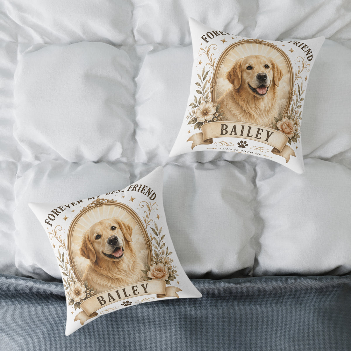 Pet Memorial Pillow Milo Bailey Dog Dad Mom— Personalized "Bailey" Golden Retriever Tribute Square Pillow