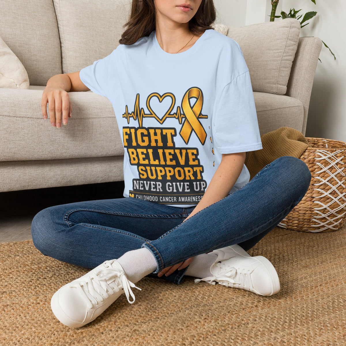 Childhood Cancer Awareness T-Shirt – "Fight Believe Support Never Give Up" Gold Ribbon Tee