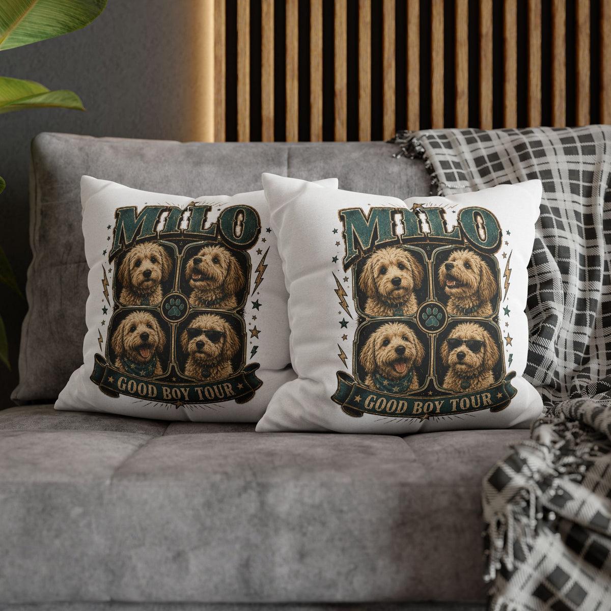Milo "Good Boy Tour" Decorative Pillowcase — Dog Band Tour Poster Throw Pillowcase Milo Bailey Dog Dad Mom