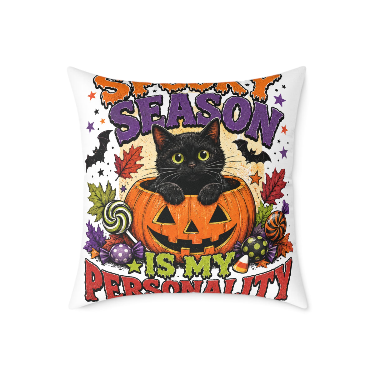 Halloween Pillow — "Season Is My Personality" Black Cat Pumpkin Decorative Throw Pillow