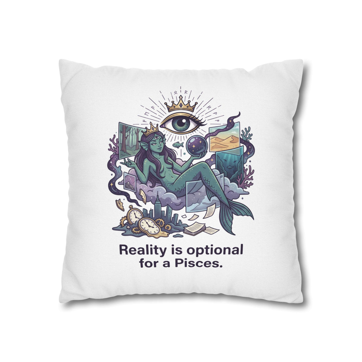 Pisces Mermaid Pillowcase — "Reality Is Optional for a Pisces" Decorative Throw Pillow