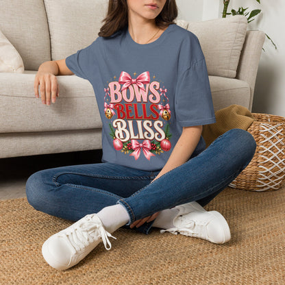 T-Shirt — "Bows Bells Bliss" Pink Holiday Graphic Tee