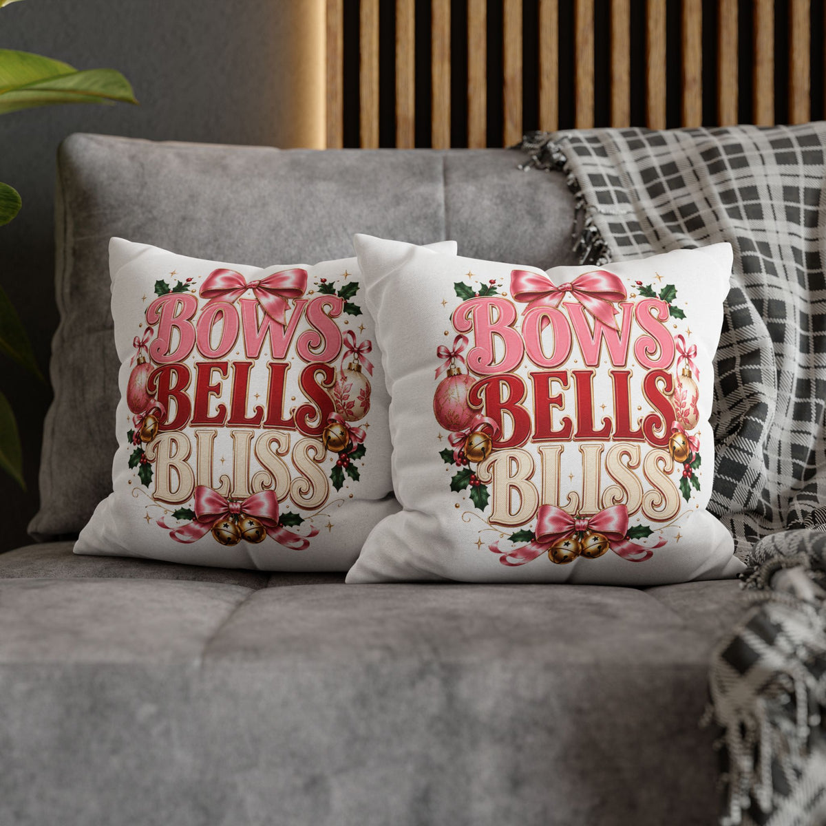 Christmas Decorative Pillowcase — "Bows Bells Bliss" Pink Holiday Throw Pillowcase