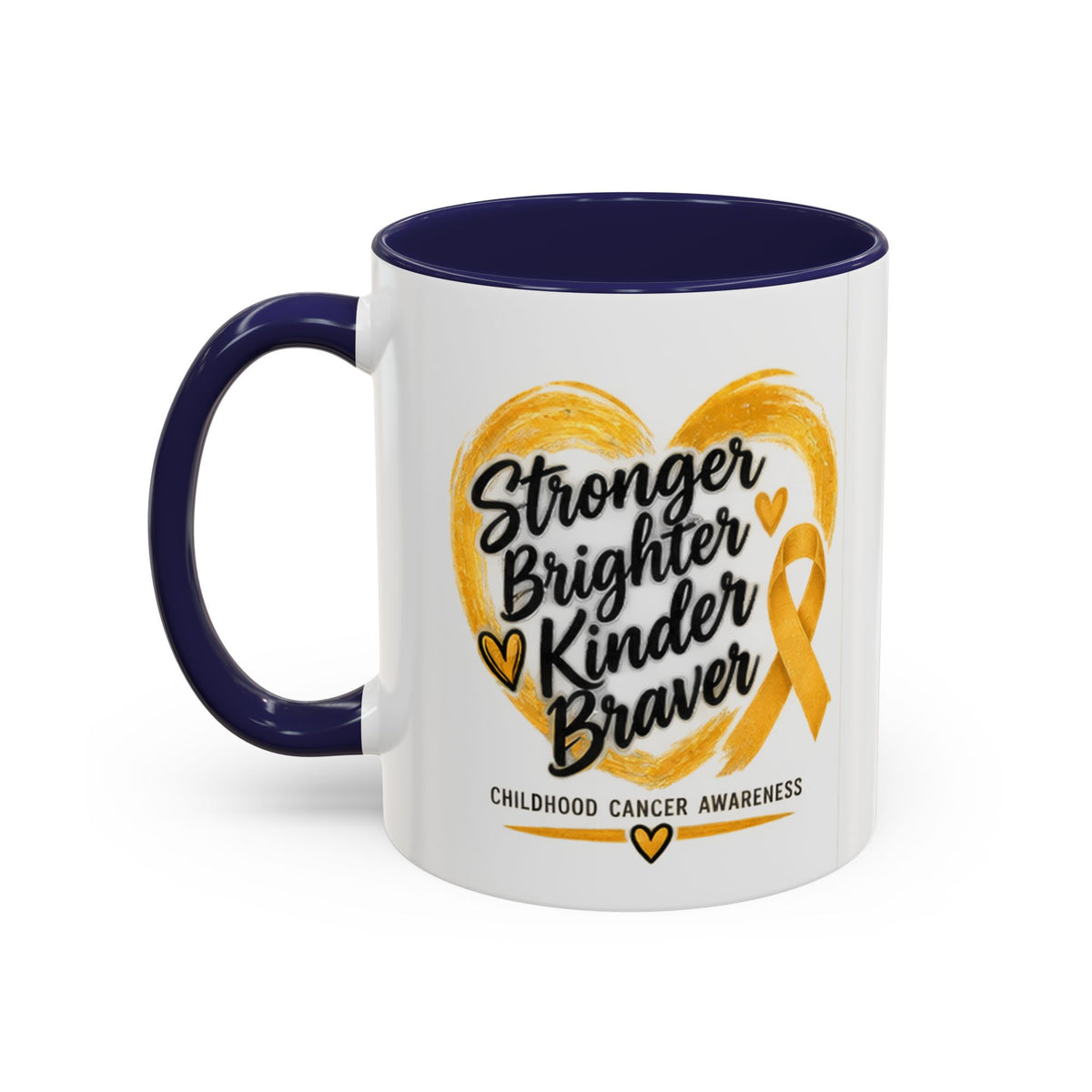 Childhood Cancer Awareness Accent Coffee Mug — "Stronger Brighter Kinder Braver"