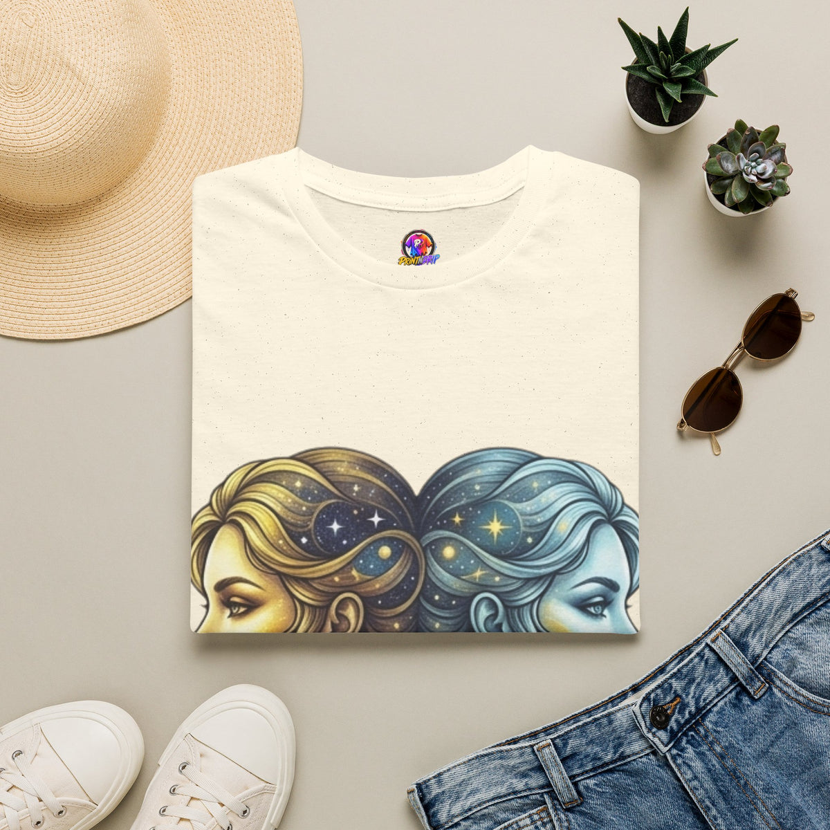 Zodiac Gemini Sun & Moon T-Shirt — Dual Faces Cosmic Design