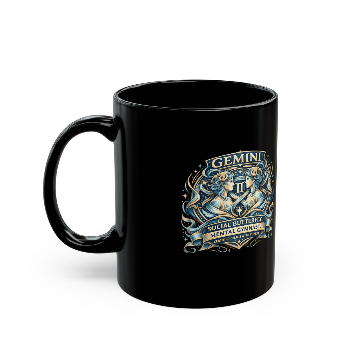 Gemini Zodiac Black Mug — 'Social Butterfly, Mental Gymnast' Astrology Coffee Cup