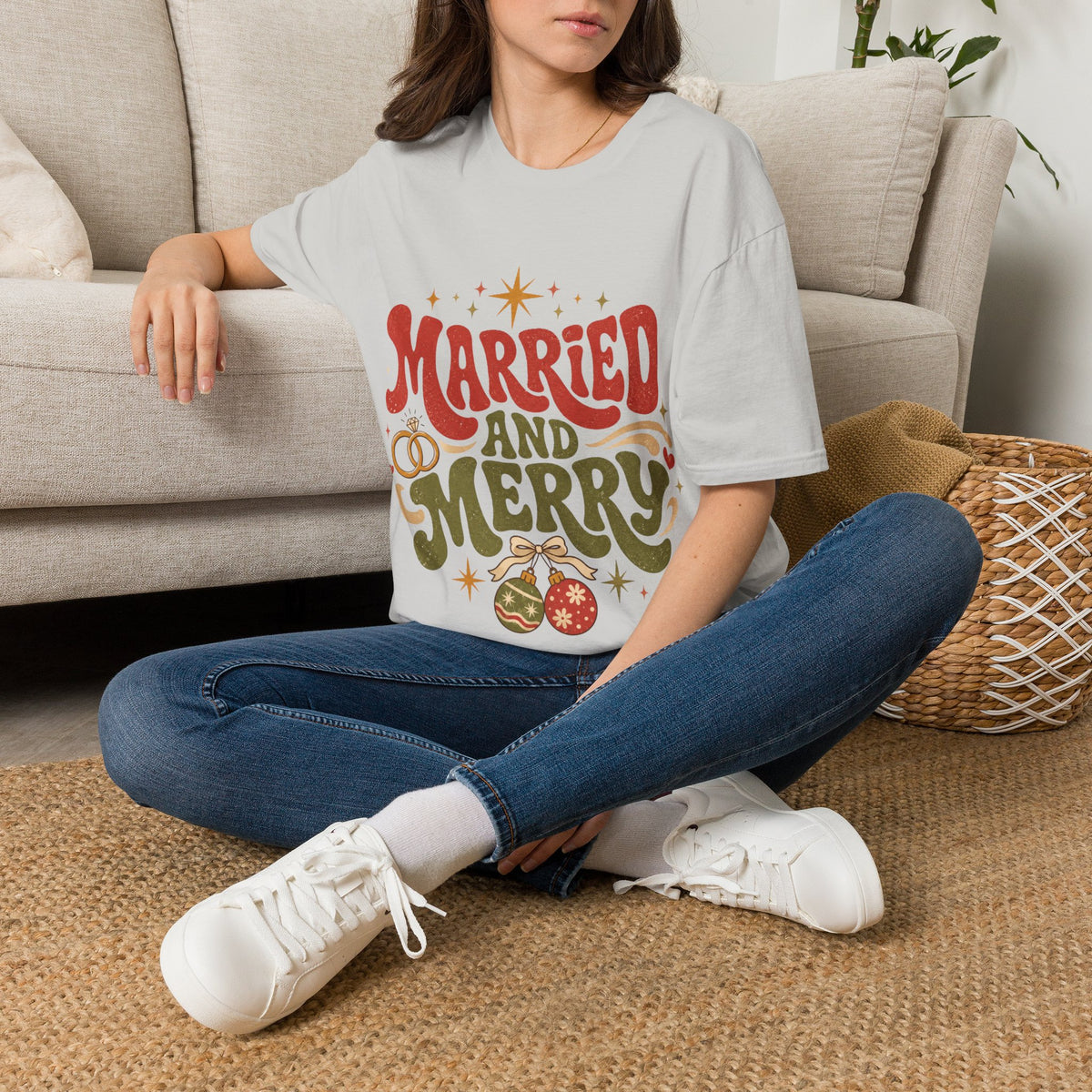Married and Merry T-Shirt — Retro Holiday Couples Christmas Tee