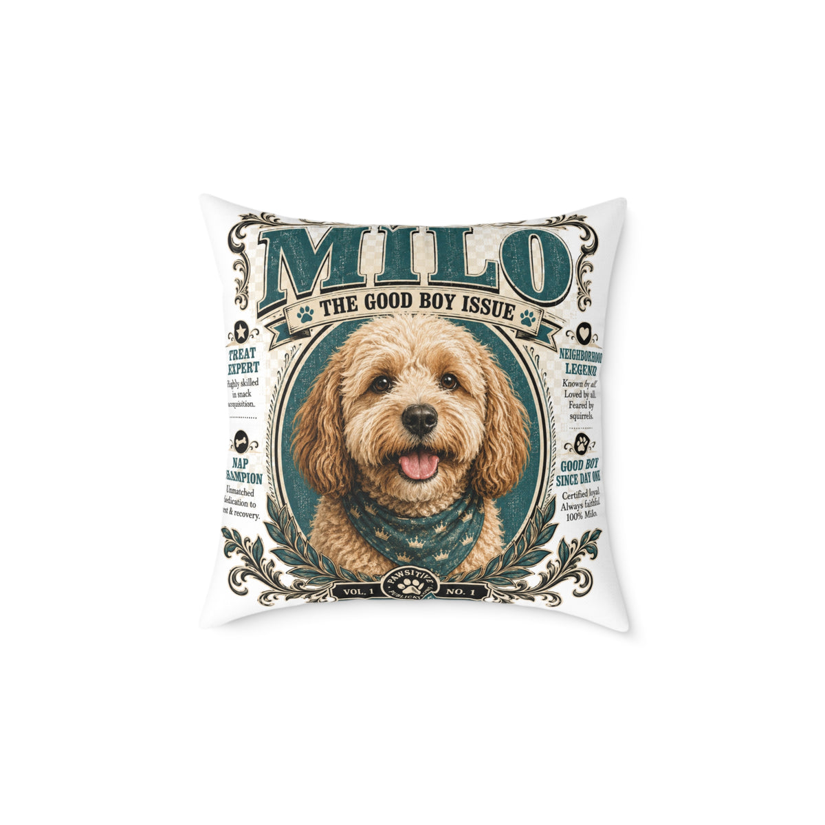 Personalized Dog Pillow - "Milo The Good Boy Issue" Decorative Pet Portrait Cushion  Milo Bailey Dog Dad Mom