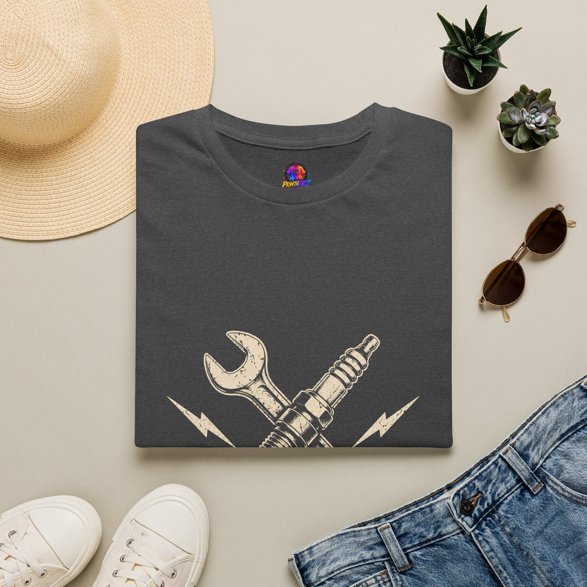 Built Not Bought T-Shirt — Vintage Mechanic Spark Plug & Wrench Tee for DIY Car Enthusiasts
