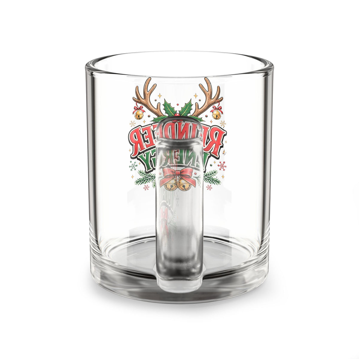 Christmas Glass Mug 10 oz Glass Mug — Reindeer Energy Holiday Coffee Mug (10 oz)