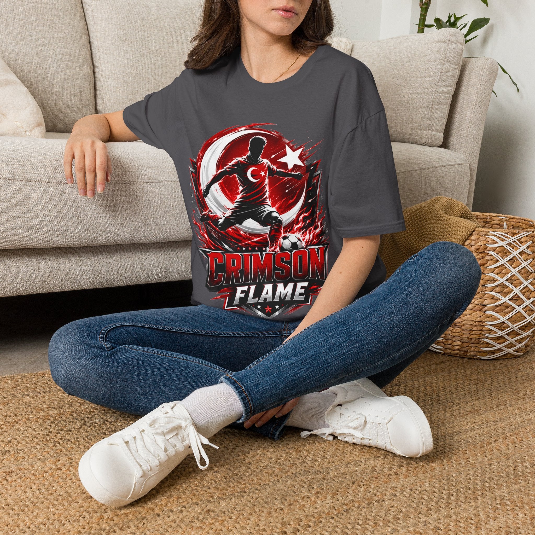 Turkey Crimson Flame Soccer T-Shirt — Turkish Crescent & Star Football Fan Tee