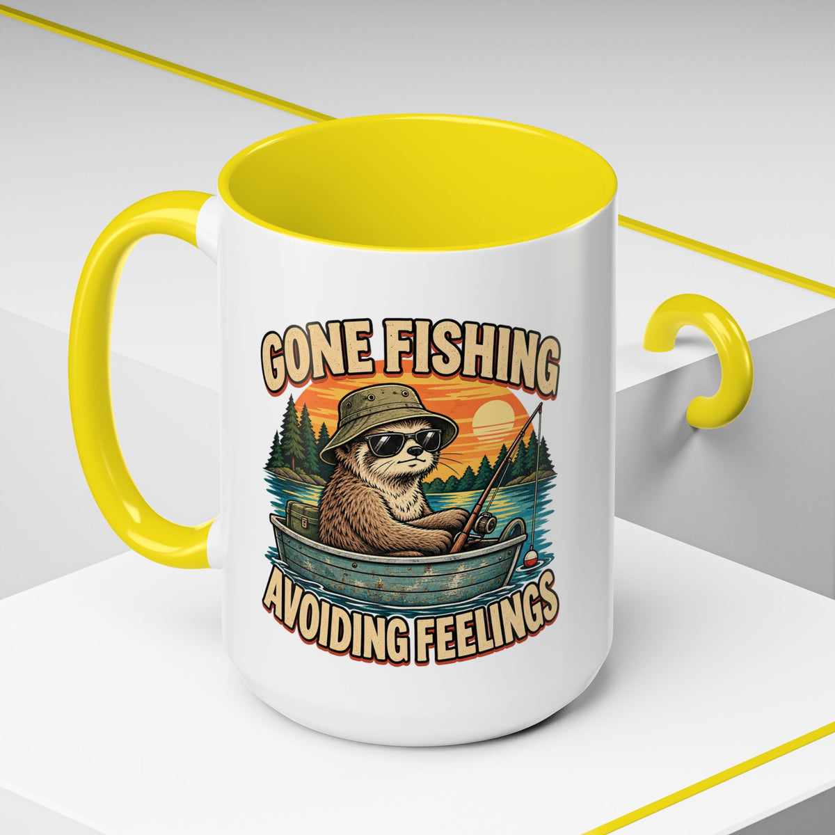 Funny And Witty "Gone Fishing Avoiding Feelings" Accent Coffee Mug (11, 15oz)
