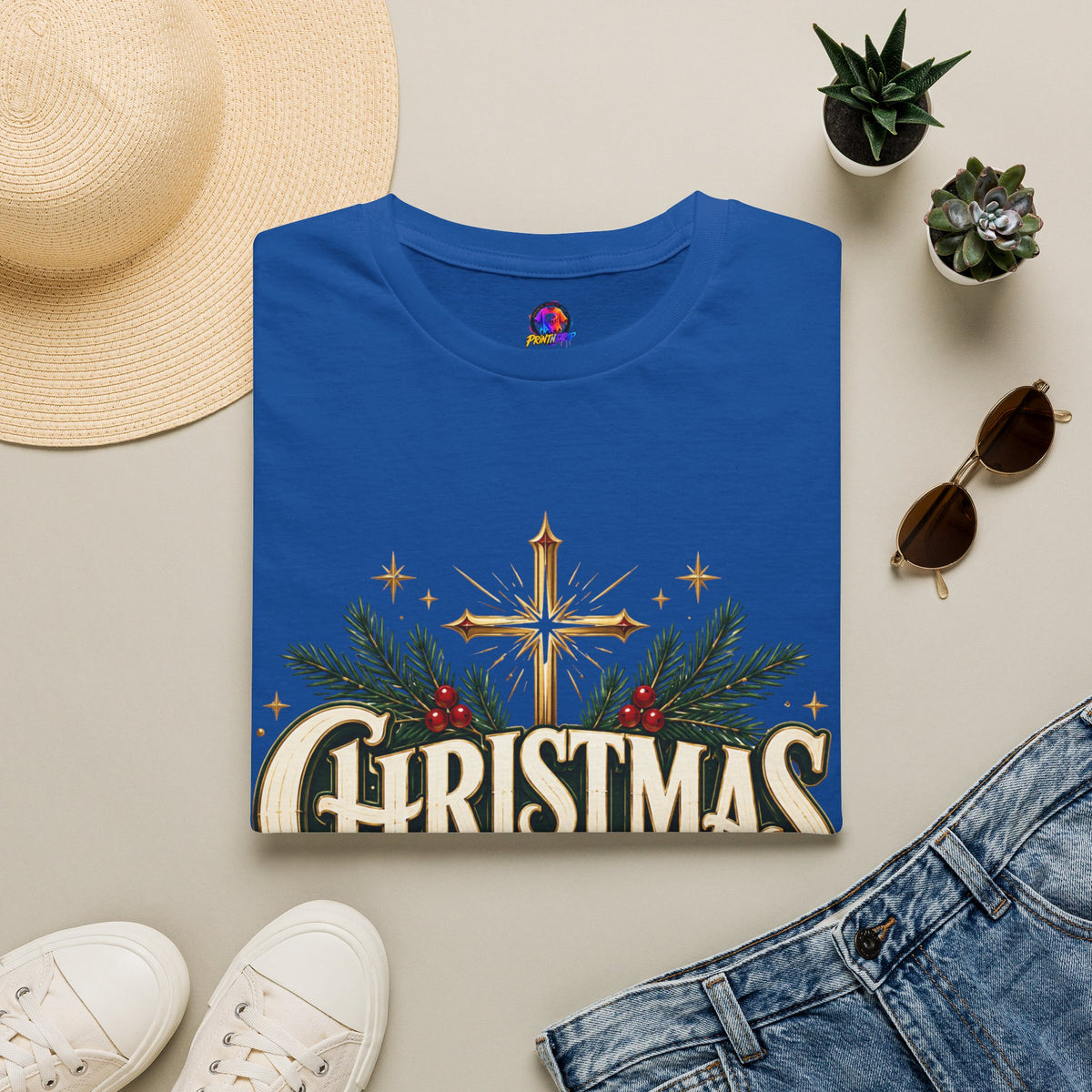 Christmas Blessed T-Shirt — Faith-Based Holiday Tee with Cross & Pine Design