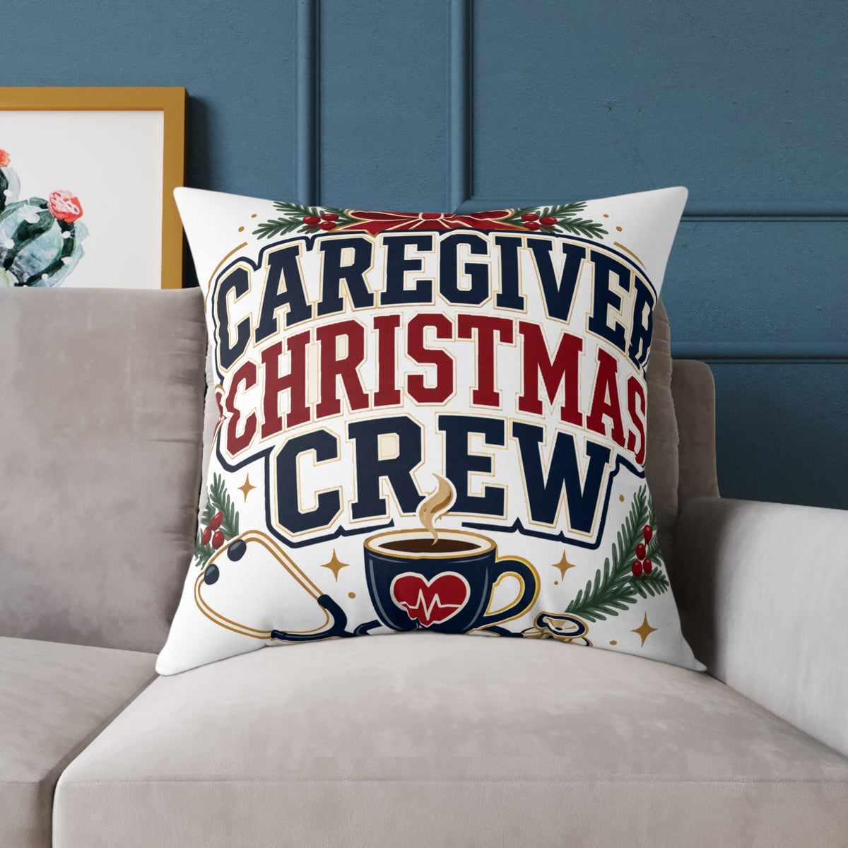 Caregiver Christmas Crew Modern Day Christmas Square Poly Canvas Pillow