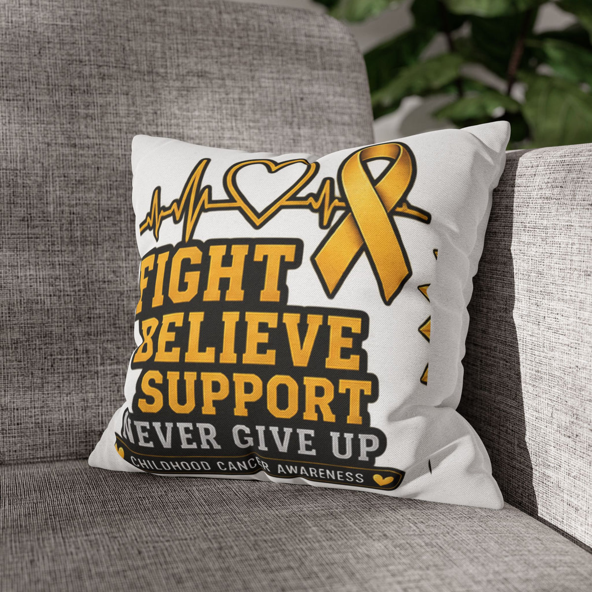 Childhood Cancer Awareness Pillow — "Fight Believe Support Never Give Up" Gold Ribbon Decorative Throw Pillow