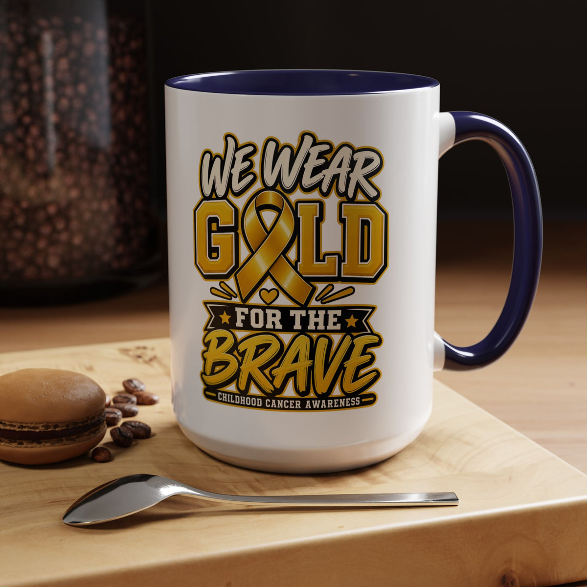 Childhood Cancer Awareness Accent Coffee Mug – "We Wear Gold for the Brave" (11/15 oz)
