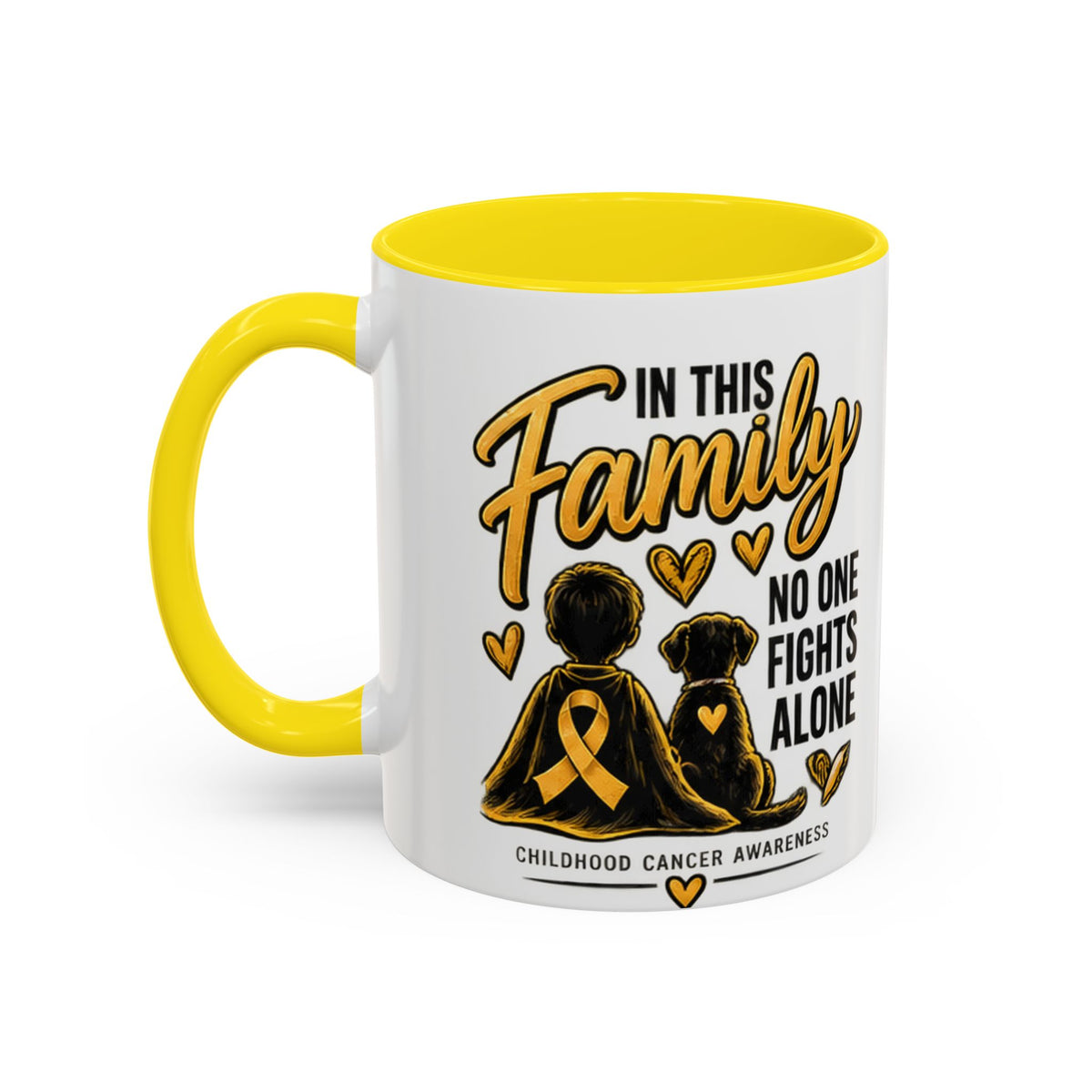 Childhood Cancer Awareness Accent Coffee Mug – "In This Family No One Fights Alone" (11/15oz)