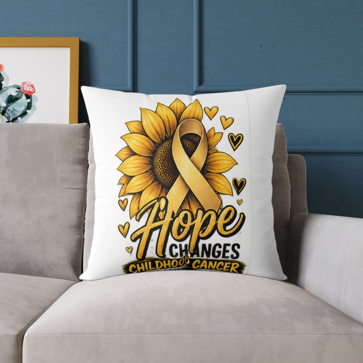 Childhood Cancer Awareness Pillow — 'Hope Changes' Sunflower Ribbon Square Throw Pillow