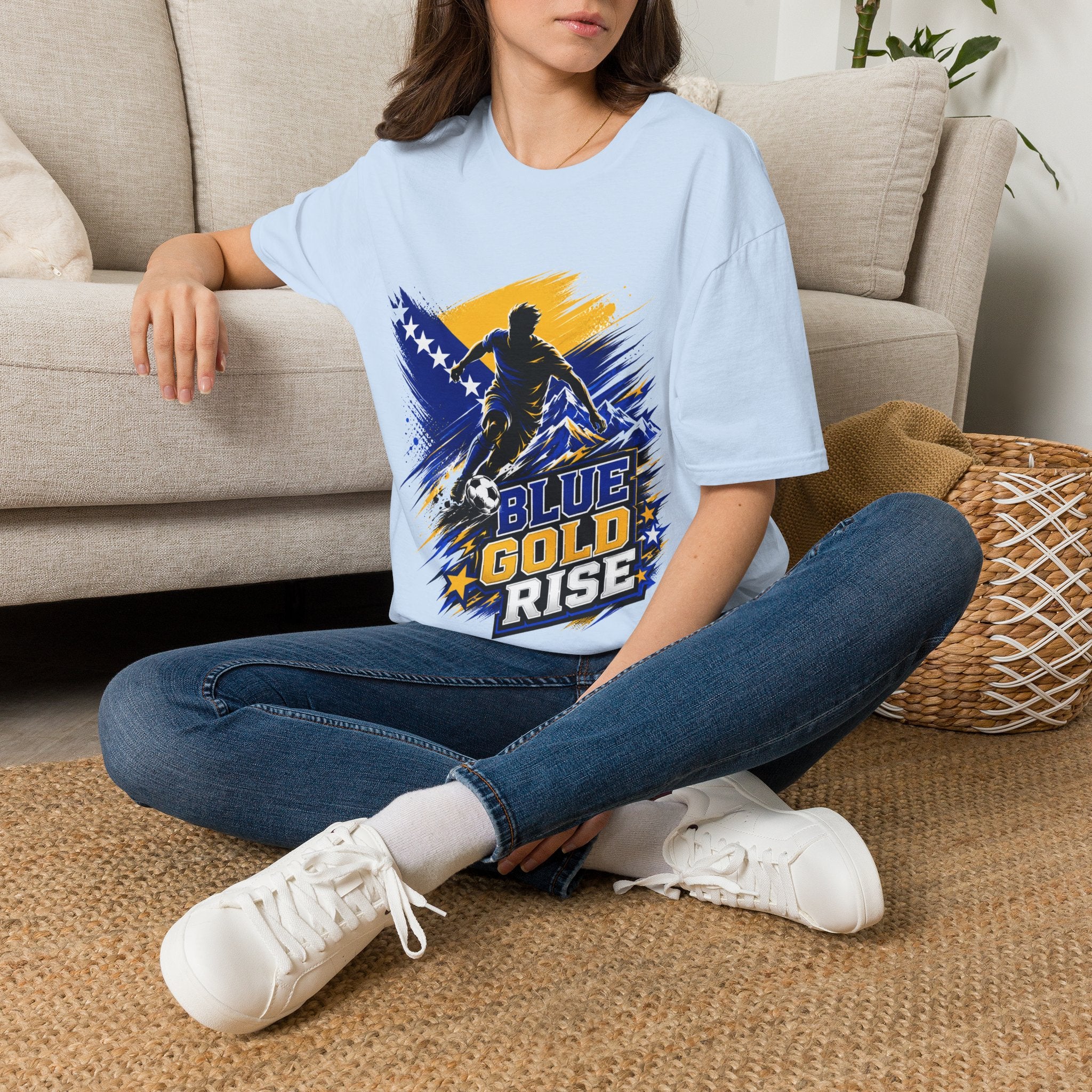 Bosnia Football T‑Shirt - "Blue Gold Rise" Soccer Graphic Tee
