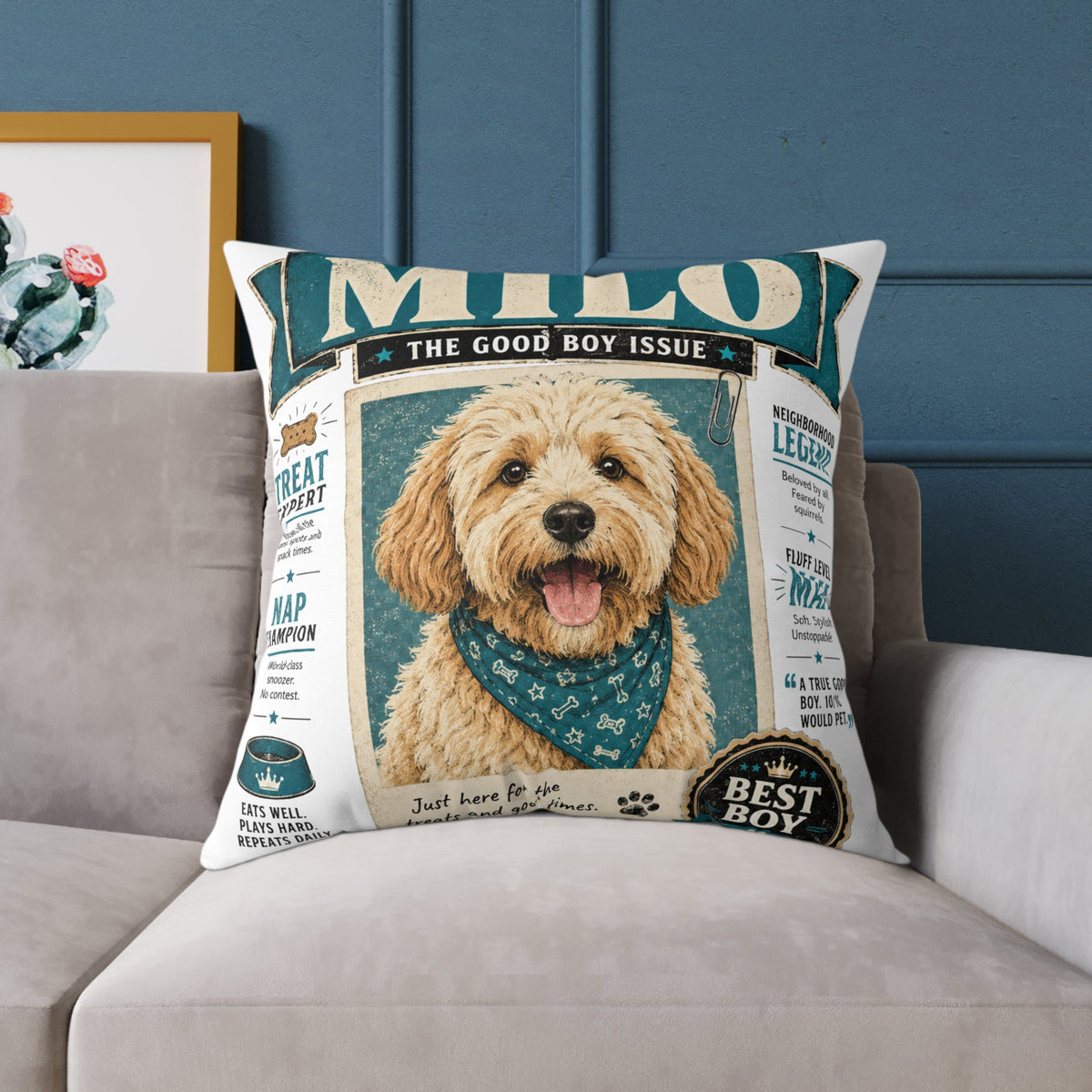 Personalized Dog Magazine Cover Pillow  Milo Bailey Dog Dad Mom — 'MILO' Square Poly Canvas Throw Pillow