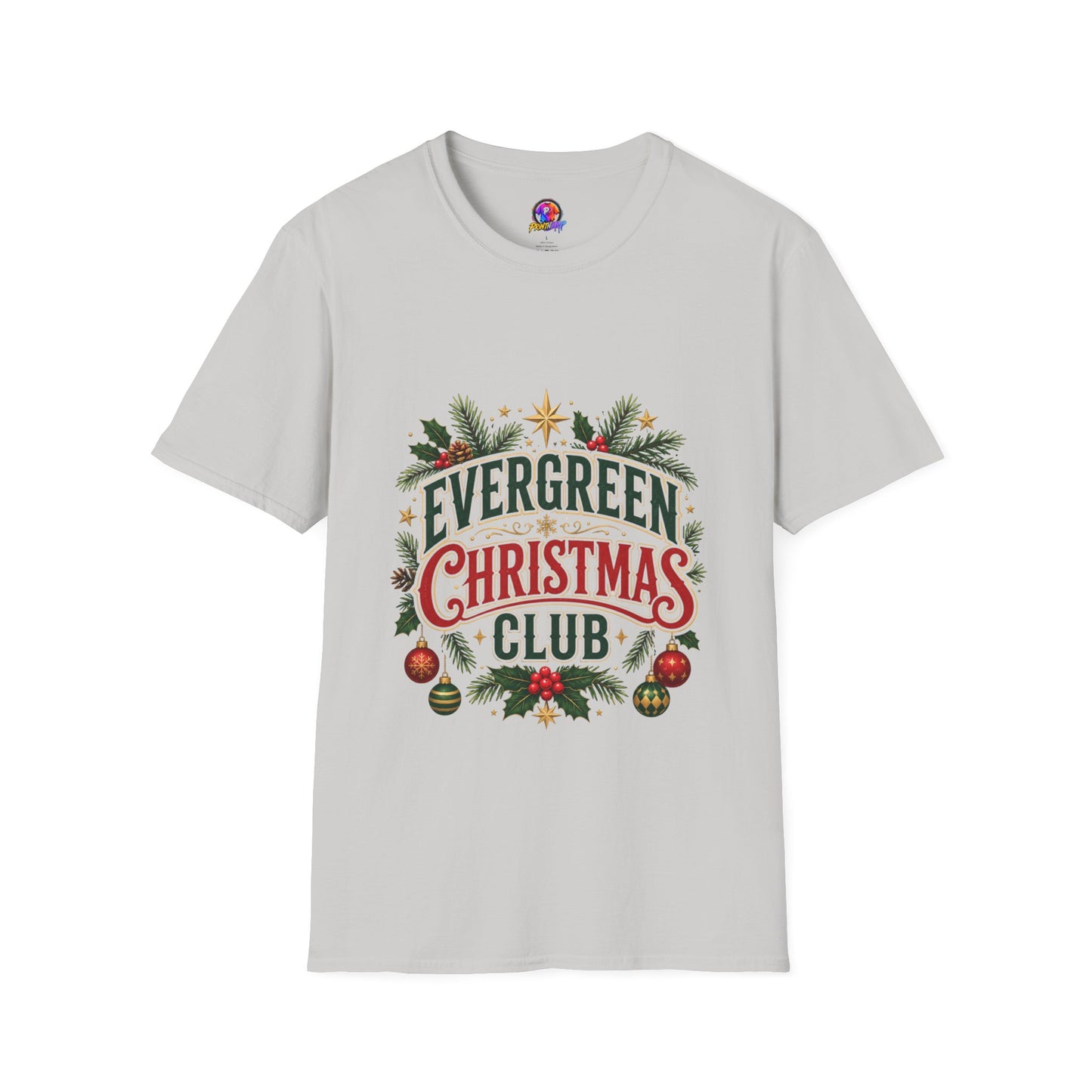 Evergreen Christmas Club T-Shirt — Vintage Holiday Pine & Ornaments Tee