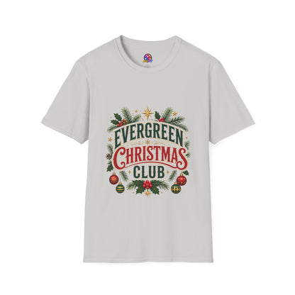 Evergreen Christmas Club T-Shirt — Vintage Holiday Pine & Ornaments Tee