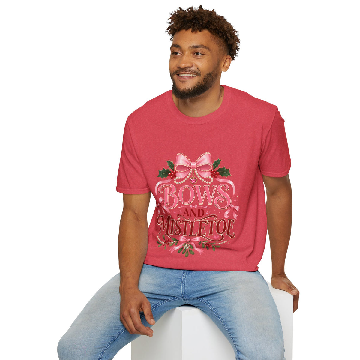 Bows and Mistletoe T-Shirt — Pink Holiday Bow Christmas Tee