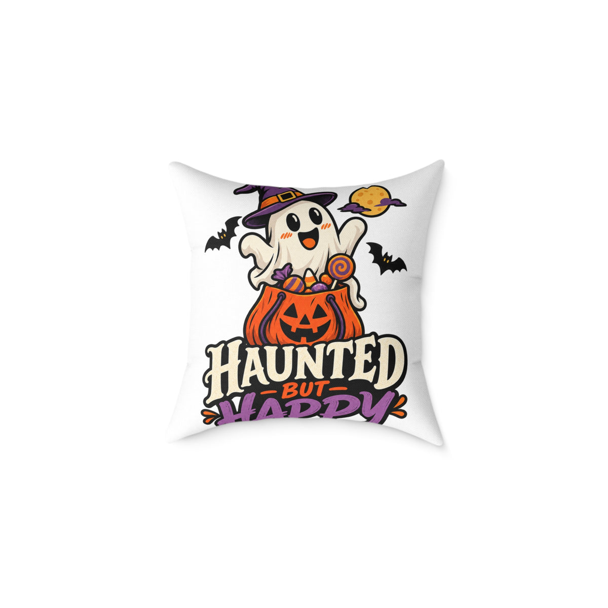 Halloween Ghost Pumpkin Pillow — "Haunted But Happy" Square Throw Pillow