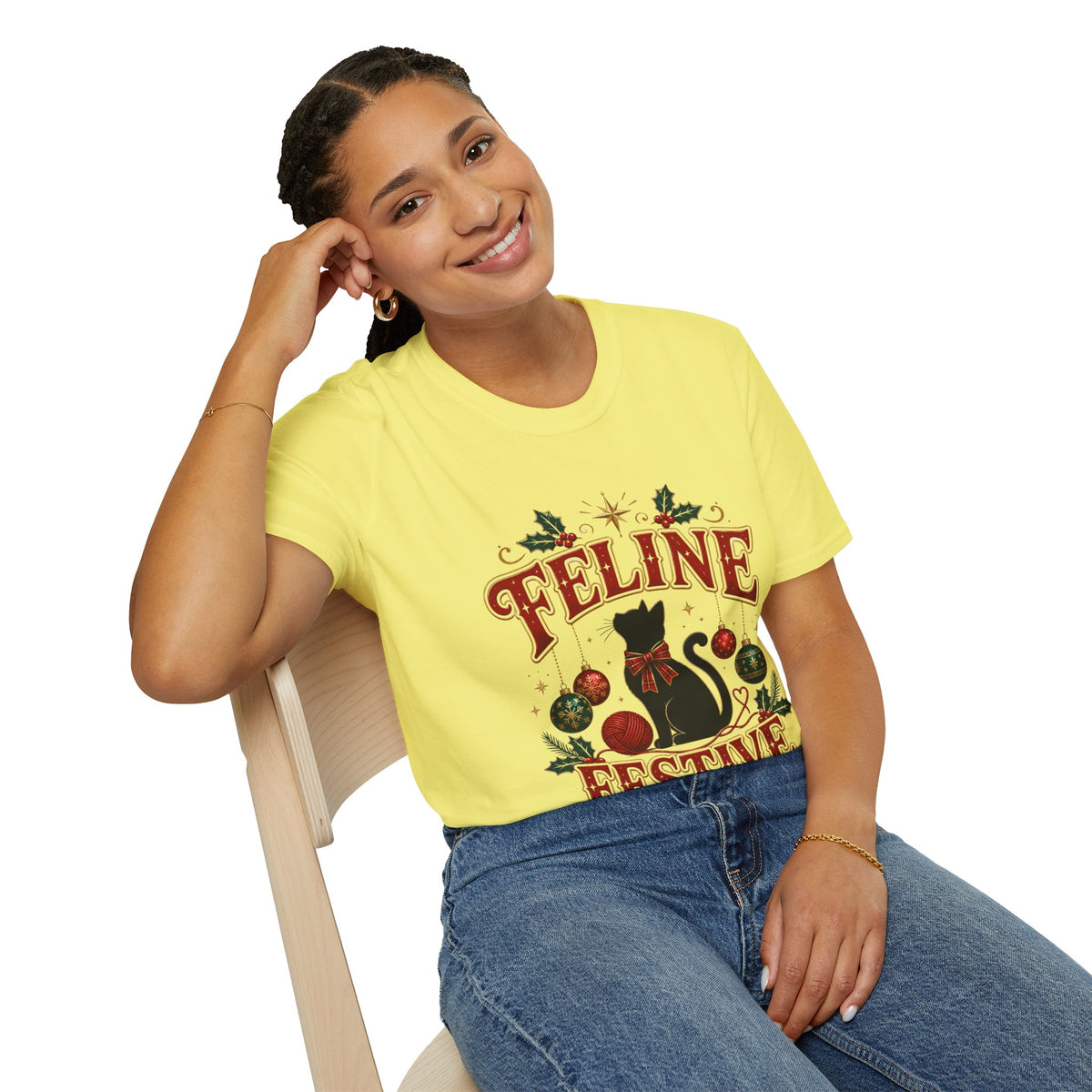 Feline Festive T-Shirt — Cute Black Cat Christmas Holiday Tee