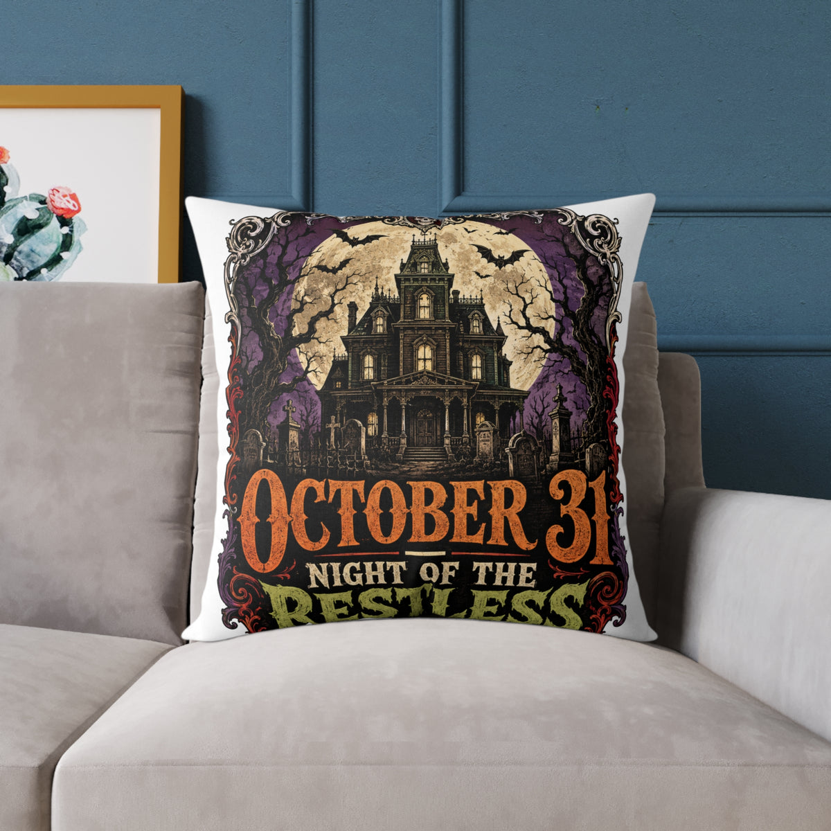 Halloween Haunted House Pillow — "October 31 Night of the Restless" Square Canvas Throw Pillow