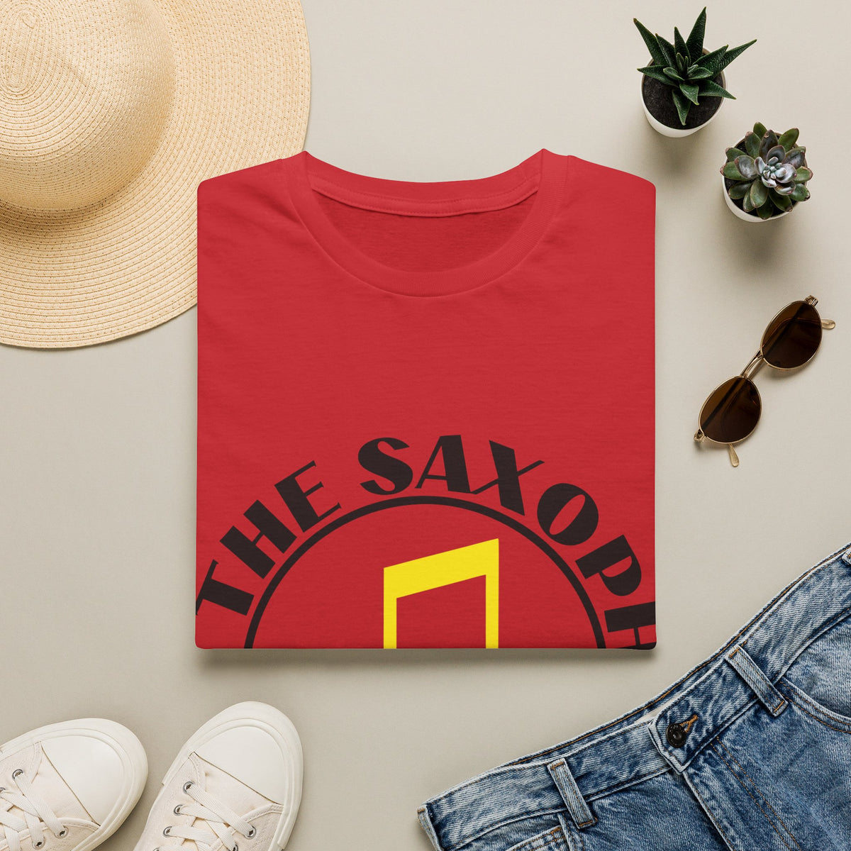 Cue The Saxophone Yellow Badge Tee - Funny Retro Music Slogan Graphic T-Shirt - Trending Now - September 2026