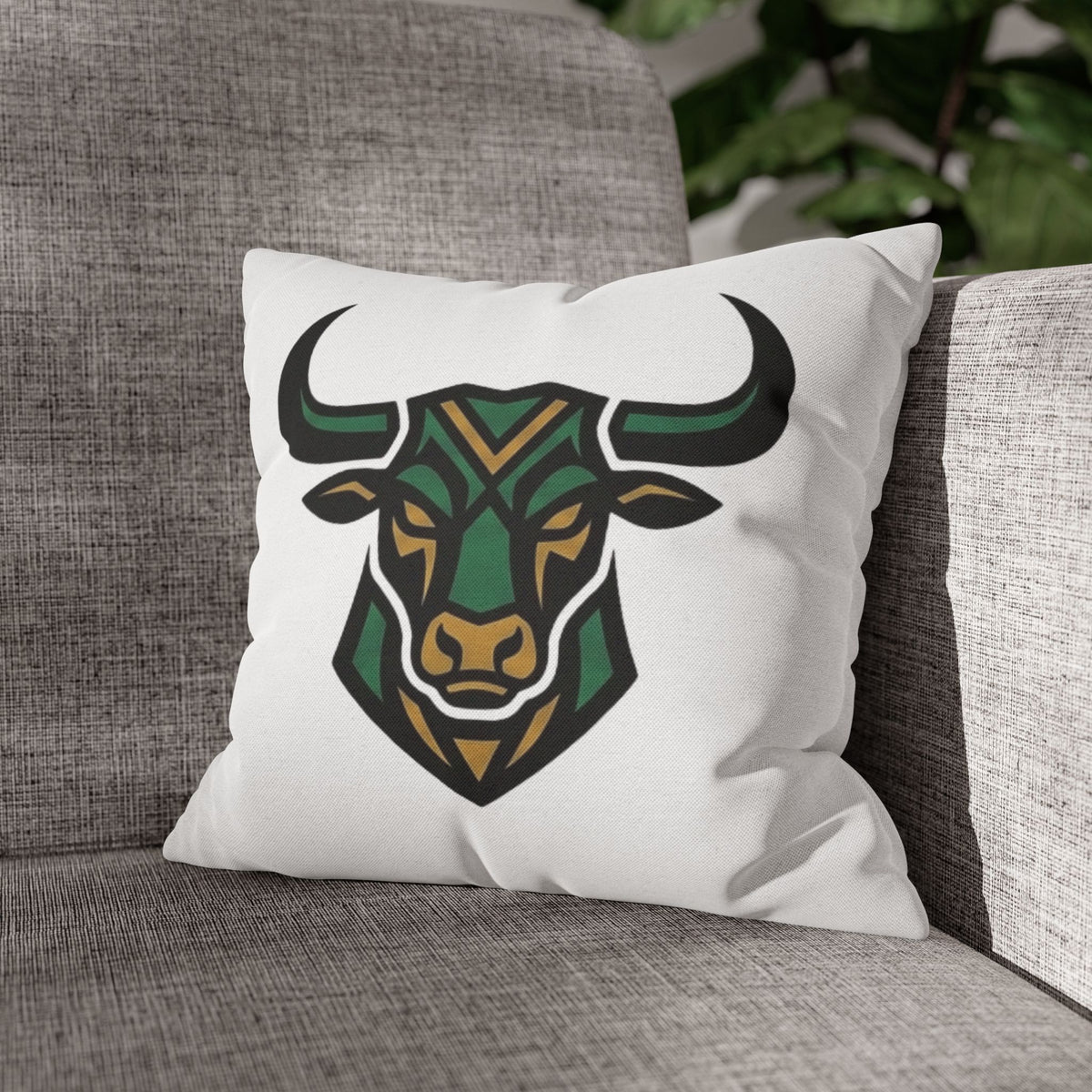 Taurus Geometric Bull Throw Pillowcase — Green Tribal Bull Accent Pillow