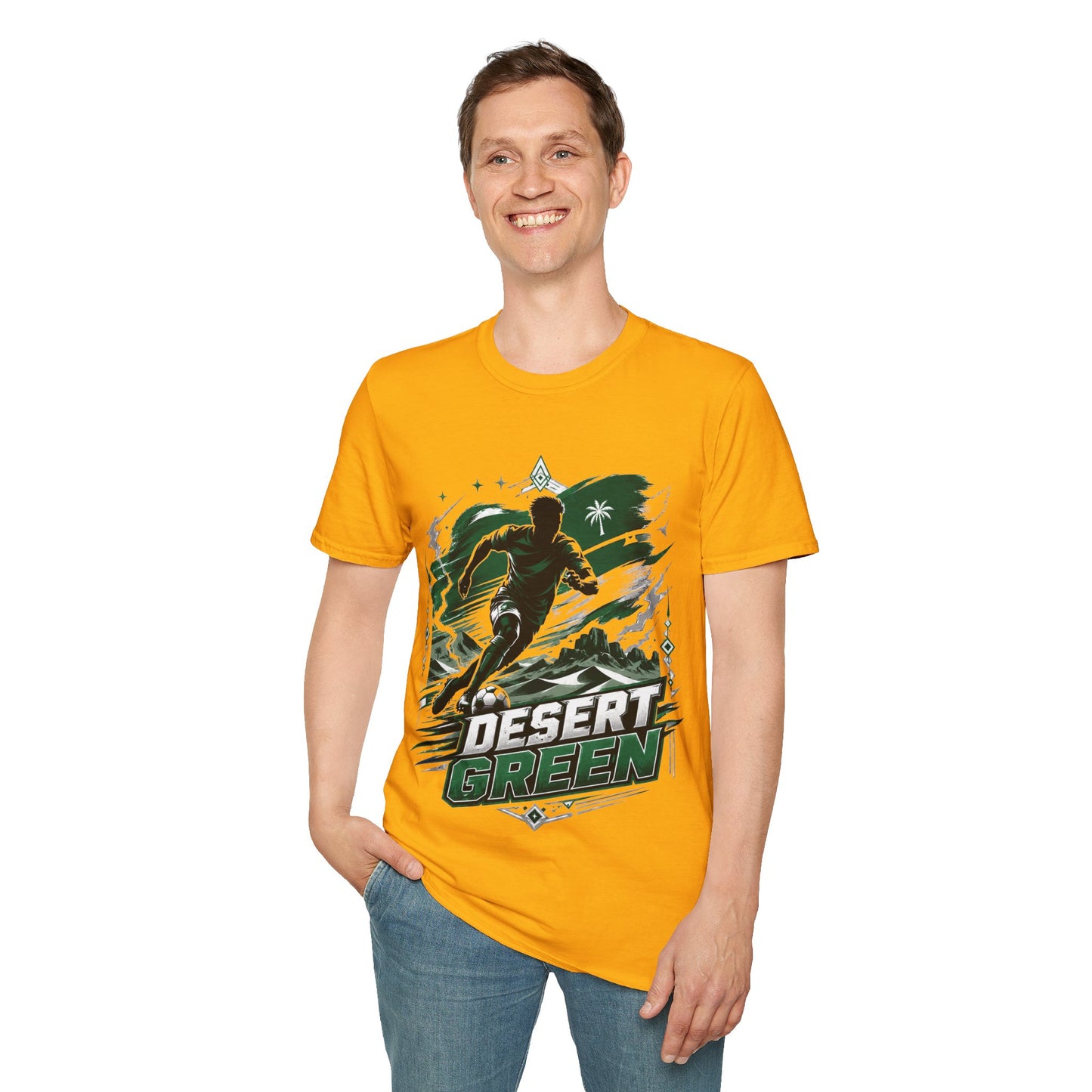 Saudi Arabia Desert Green Soccer T-Shirt — Silhouette Player Graphic