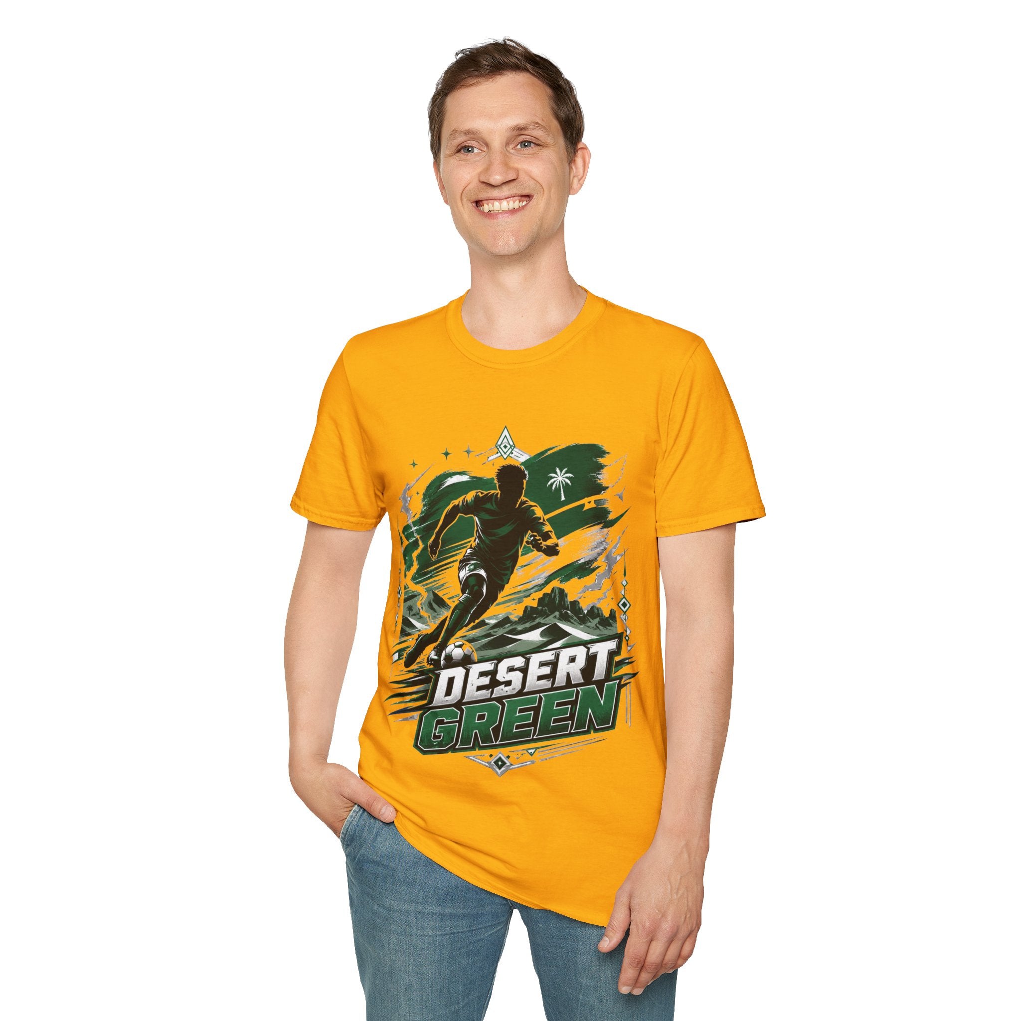 Saudi Arabia Desert Green Soccer T-Shirt — Silhouette Player Graphic