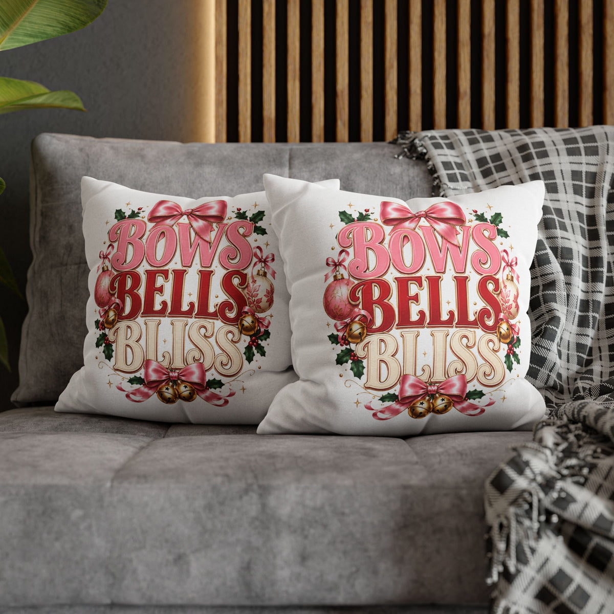 Christmas Decorative Pillowcase — "Bows Bells Bliss" Pink Holiday Throw Pillowcase