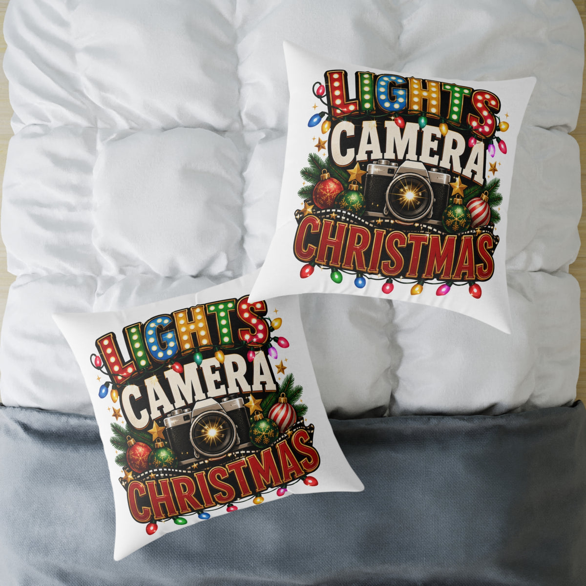 Christmas Photo Pillow - "Lights Camera Christmas" Decorative Square Throw Pillow