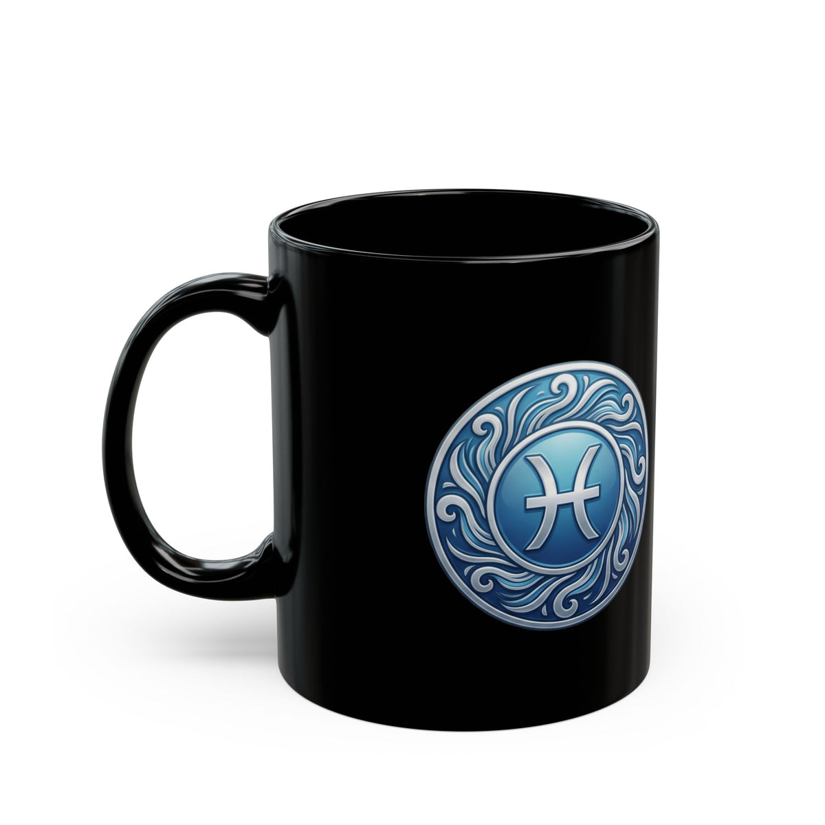 Pisces Zodiac Coffee Mug - Blue Astrology Symbol on Black Ceramic