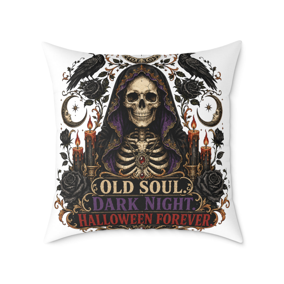 Halloween Skull Pillow — "Old Soul, Dark Night" Decorative Cushion