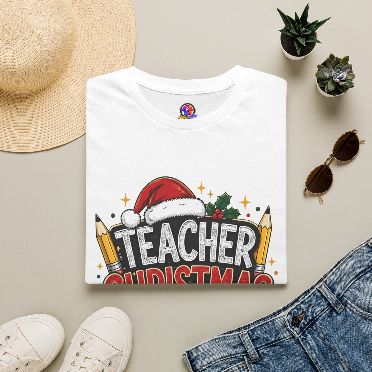 Teacher Christmas Crew T-Shirt — Holiday School Staff Tee with Santa Hat & Pencils