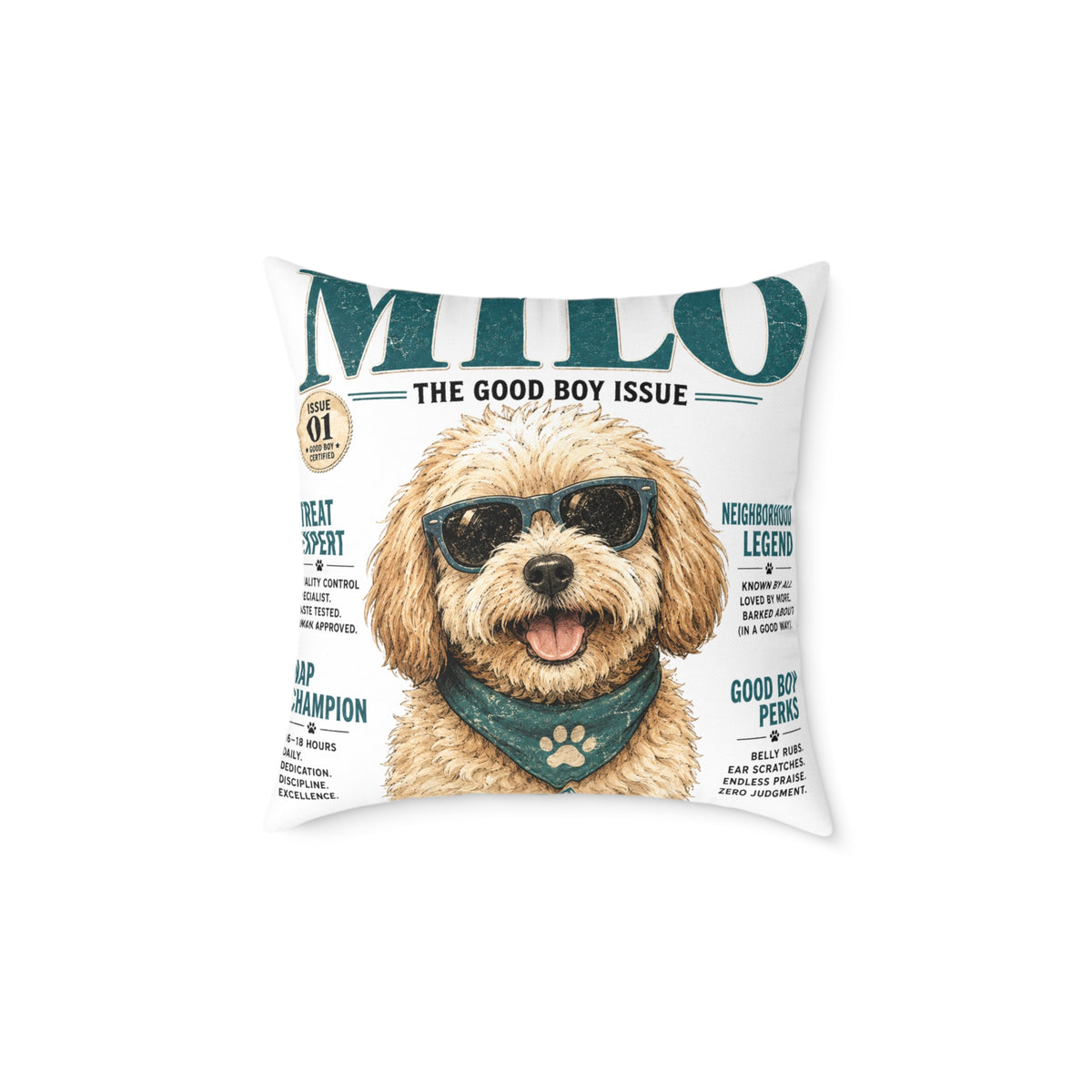 Milo 'The Good Boy Issue' Square Throw Pillow - Milo Bailey Dog Dad Mom Cute Dog Magazine Cover Decor