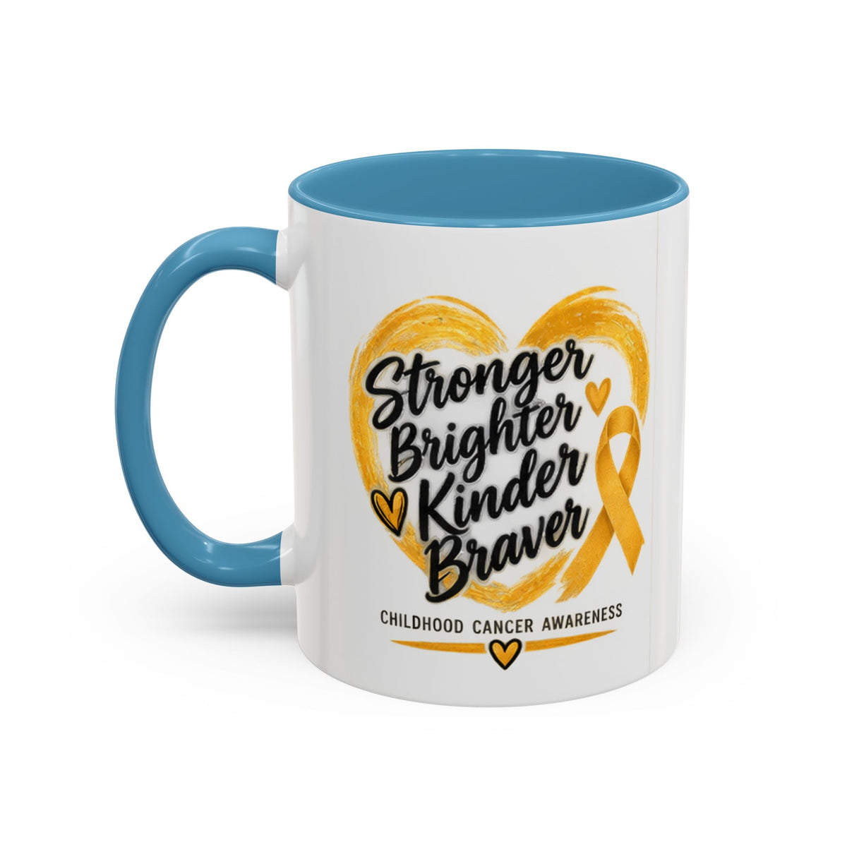 Childhood Cancer Awareness Accent Coffee Mug — "Stronger Brighter Kinder Braver"