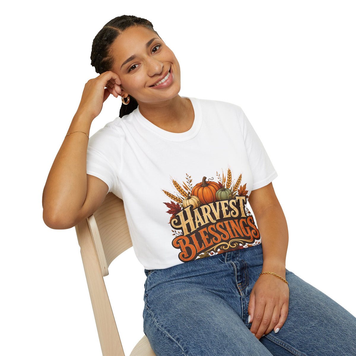 Thanksgiving T-Shirt Harvest Blessings T-Shirt — Fall Pumpkin & Wheat Autumn Tee