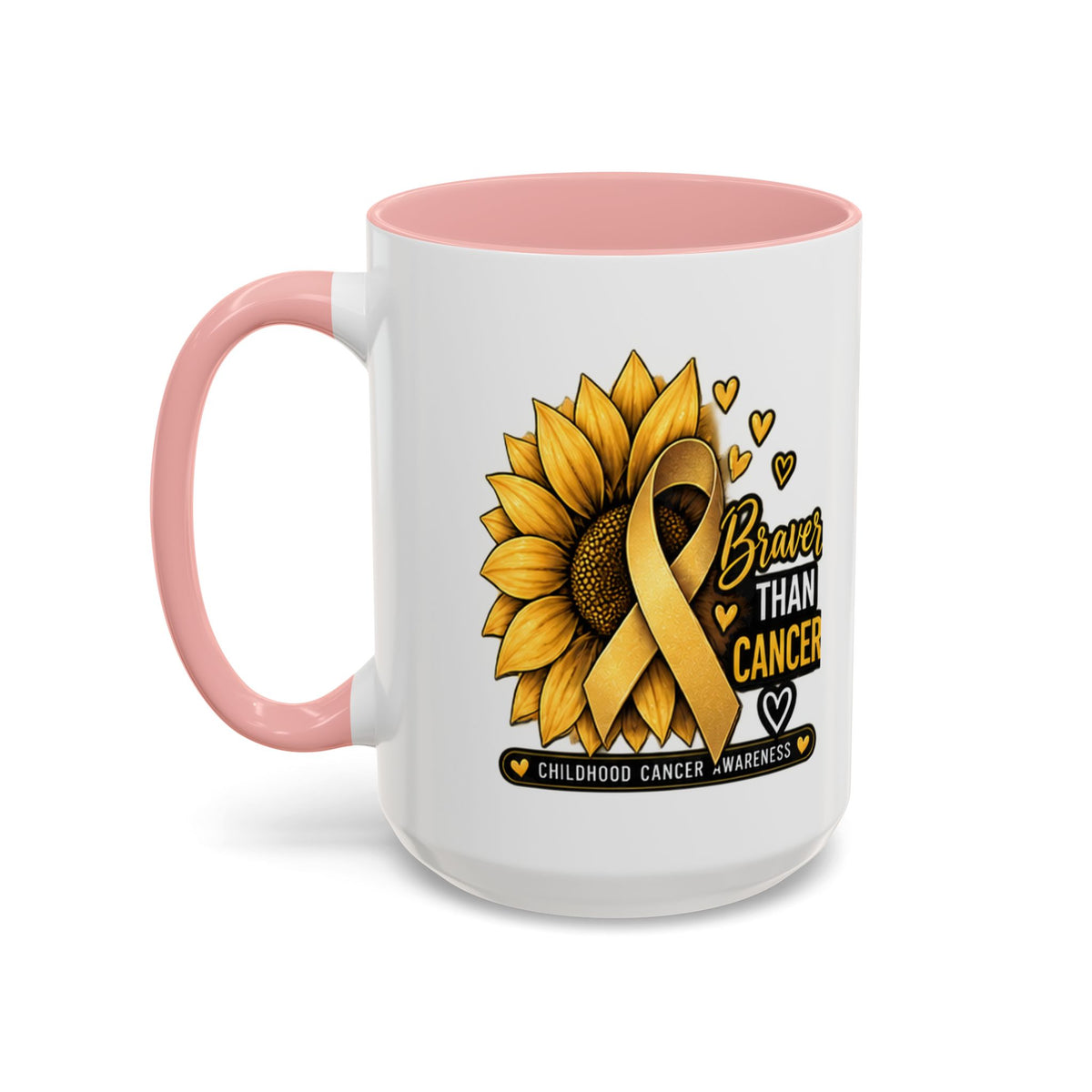 Childhood Cancer Awareness Mug — "Braver Than Cancer" Sunflower & Gold Ribbon