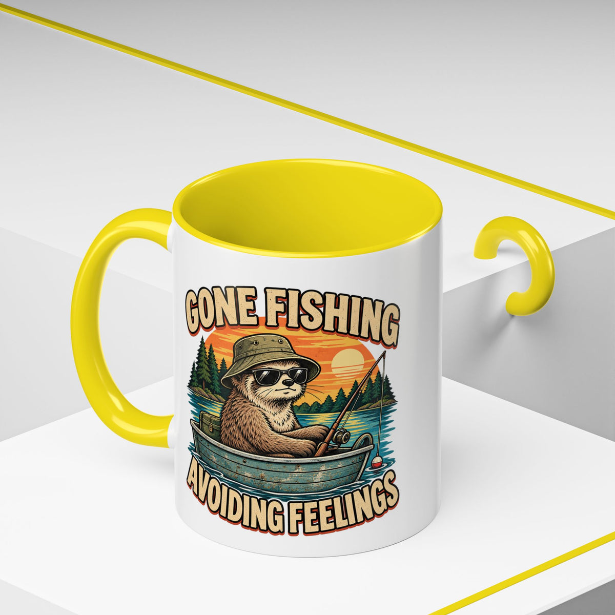 Funny And Witty "Gone Fishing Avoiding Feelings" Accent Coffee Mug (11, 15oz)