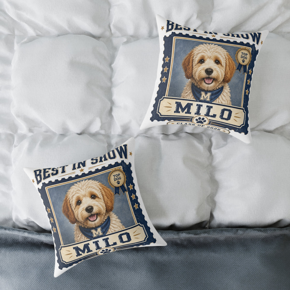 Personalized Dog Pillow  Milo Bailey Dog Dad Mom— 'Best at Show' Milo Pet Portrait Square Throw Pillow