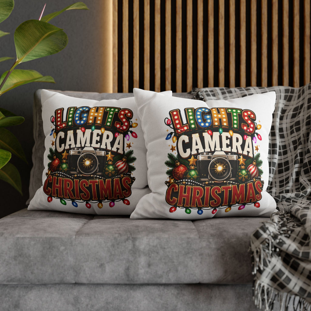 Christmas Photographer Pillowcase – “Lights Camera Christmas” Decorative Throw Pillow