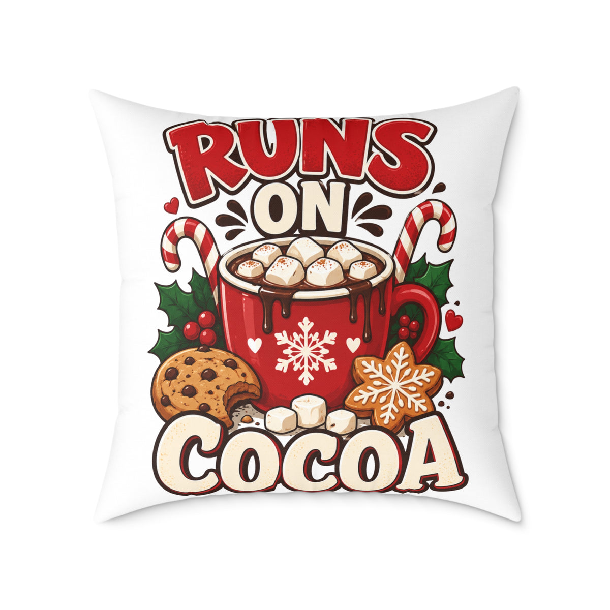 Christmas Square Pillow - "Runs on Cocoa" Holiday Hot Chocolate Decorative Throw Pillow